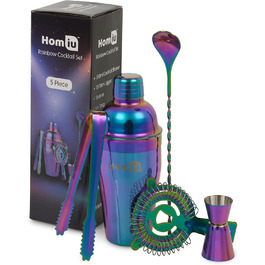 Homiu Stainless Steel Cocktail Shaker Set (550ml) with Rainbow Design, shimmering stainless steel, 5-piece: strainer, 2 jiggers (15/30ml)