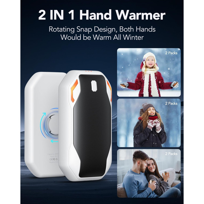 Електричні грілки для рук PHEJIE, 2 шт. - 3 режими нагріву, портативні, для активного відпочинку, кемпінгу, гольфу, подарунок для жінок та чоловіків (чорний/білий)