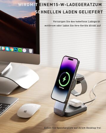 Бездротовий зарядний пристрій TigraTigro 15W Qi, складаний, швидка зарядка для iPhone 16/15/14/13/12, Samsung Galaxy, Google Pixel, тримач для навушників, компактний (Срібний/Чорний)