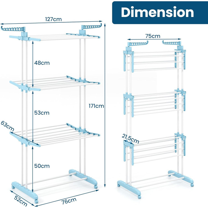 Сушарка для білизни HOMASIS з 4 рівнями, розкладна, на коліщатках, з бічними крилами, 127x63x171cm, 30 кг, світло-блакитна