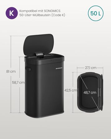 Сміттєвий бак SONGMICS з сенсором 50л, автоматичний, сталевий, чорний - LTB640B02