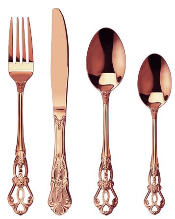Набір столових приборів Retro на 6 осіб з нержавіючої сталі (рожеве золото, 24 предмети) - вишуканий сервіз в античному бароковому стилі: виделки, ложки, ножі