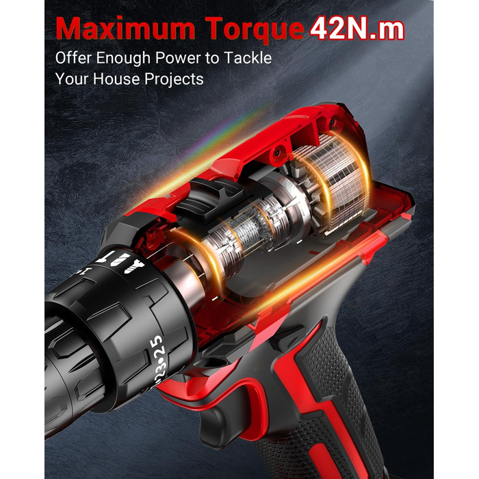 Акумуляторний шуруповерт BETENST 21V з 2 акумуляторами 2.0Ah, 42Nm, 25 моментів, 2 швидкості, LED-ліхтик, 30-ти елементний набір для дому та саду, DIY проєкти