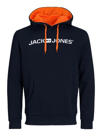 Чоловічий худі JACK & JONES з капюшоном та кишенею, Regular Fit, колір Shocking Orange/Navy Blazer, розмір XS