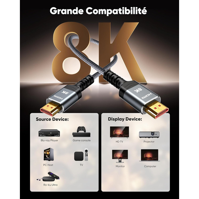 HDMI кабель SNOWKIDS 8K@60Hz 2M, HDMI 2.1, 48Gbit/s, 4K@120Hz, Dolby Vision, DTS:X, HDCP 2.2/2.3, HDR 10, eARC, HDR, сумісний з PS5, HDTV, проектором, PC, монітором, PS4