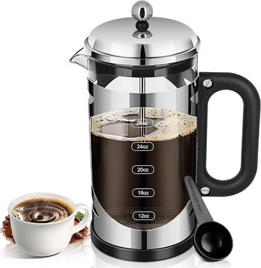 YMMIND 963.9 g French Press Coffee Maker Copper Stainless Steel Coffee Press, with 4-Stage Filtration System, Heat-Resistant Thick Borosilicate Glass, BPA-Free Brewed Coffee Pot for Camping Gifts (Silvery-r)