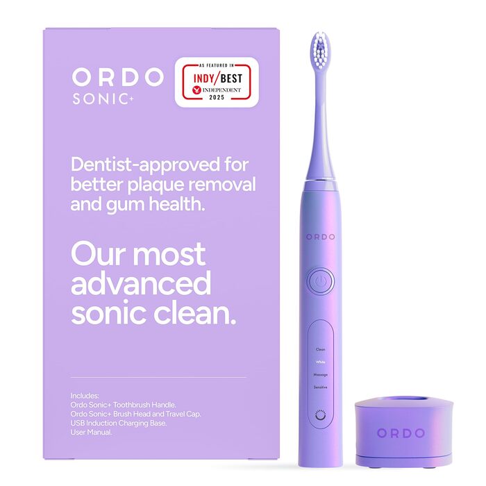 Електрична зубна щітка Ordo Sonic Advanced Smart Tech: 4 режими чищення, USB-зарядка, силіконовий полірувальник, перлинно-фіолетовий колір