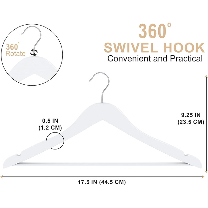 20 шт. плічок для штанів та одягу Utopia Home з дерев'яною перекладиною, білі. Стабільне та тонке виконання для пальто, костюмів, штанів та курток.