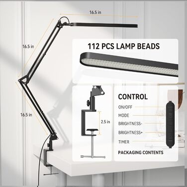 SKYLEO LED Desk Lamp with Adjustable Gooseneck - 80cm Height, 5 Color Modes, 11 Brightness Levels, Timer & Memory Function, 12W, Black - Clamp-On Design
