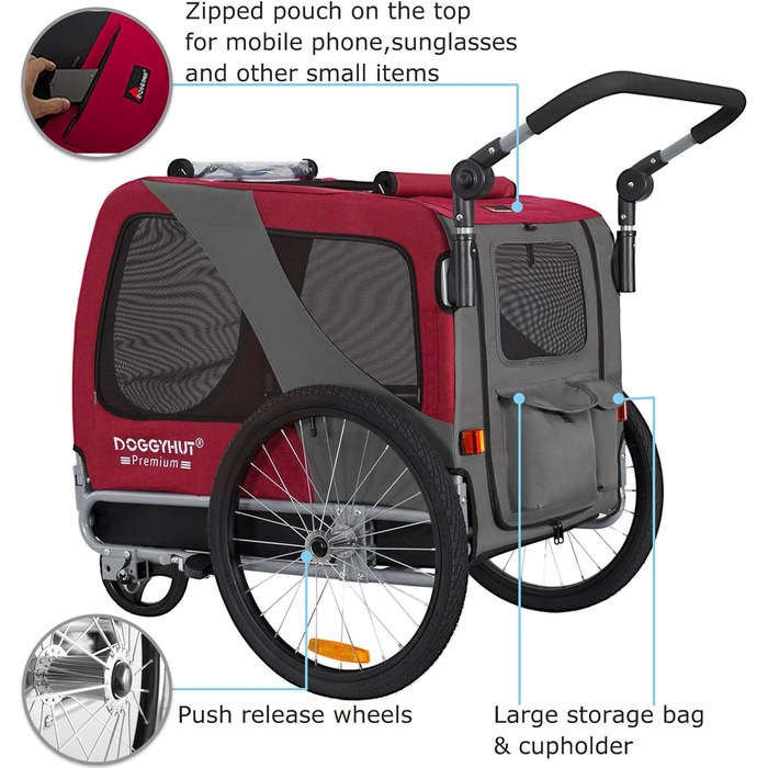 DOGGYHUT® Преміум великий велосипедний причіп для собак 2 в 1 / візок-бігунок для собак / великий причіп для собак, 270 л, до 35 кг (червоний / чорний)