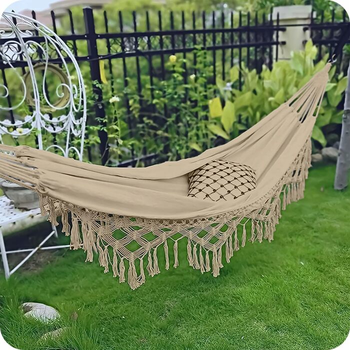 Гамак KRUMAD 260 см, до 250 кг, вологостійкий, бавовна-поліестер, для саду, балкону, кемпінгу, з дерев'яними розпірками та сумкою (Бежевий, 150x200 см)