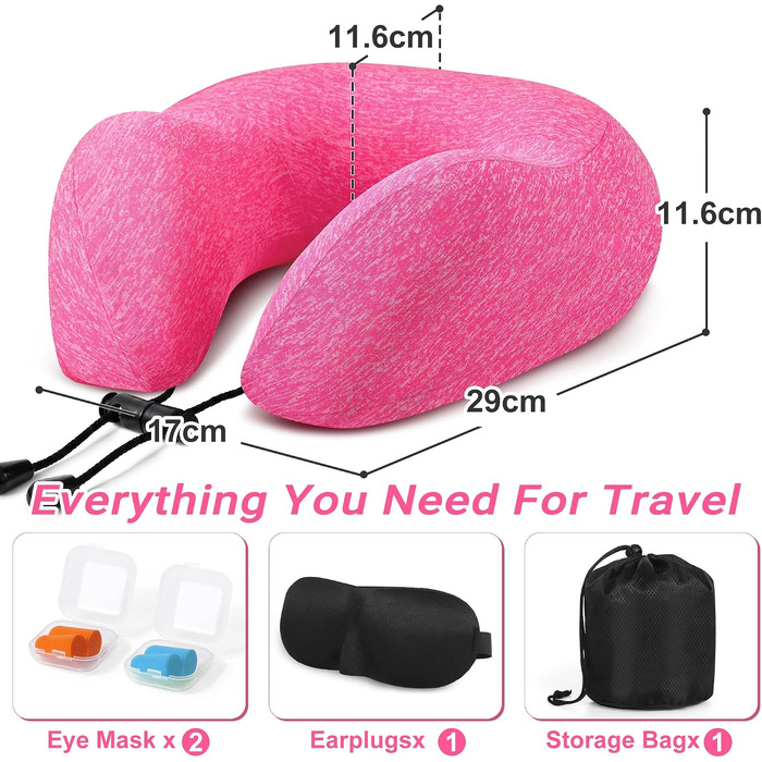 Подушка для подорожей Kobete з ефектом пам'яті (Memory Foam) для шиї, набір для сну в літаку, авто, поїзді: 3D-маска для сну, беруші та сумка (Рожевий)