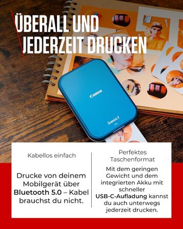 Canon Zoemini 2 Marineblau: Міні-принтер для фотографій, Bluetooth, мобільний, з акумулятором