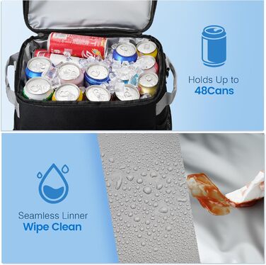 Ізольований холодильник на колесах 48 літрів для пікніка, кемпінгу, риболовлі, пляжу - сірий/чорний