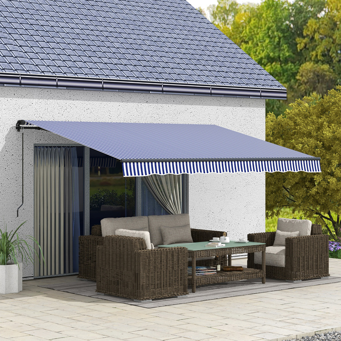 Outsunny Awning 4x3m Wall Mount Balcony Awning with Hand Crank, Sun Protection, Aluminum, Blue+White | Aosom