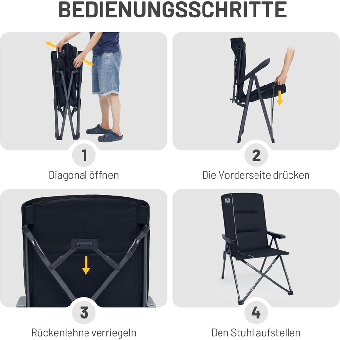 Кампінговий стілець розкладний Timber Ridge 2 шт, чорний, з високою спинкою, 3 положення, до 160 кг, широкий сидіння 57 см, для кемпінгу, балкону, дачі