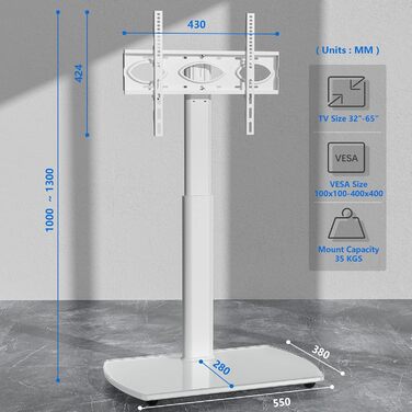 Adjustable TV Stand with Swivel Mount - Fits 32-65 Inch Flat & Curved TVs - Max VESA 400x400mm, 35kg