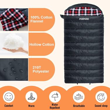 Сплячий мішок Poepore Outdoor Winter для дорослих, Extra Wide, 3-4 сезони, XXL, теплий бавовняний фланелевий ковдровий спальний мішок для кемпінгу, походів, пригод, 230*100см, 0°C (Сірий-R-Zip, -6°C)