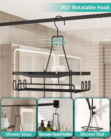 HapiRm Shower Shelf to Hang with Razor Holder & Soap Holder, Hanging Shower Shelf with Multiple Hooks - High-Quality Hanging Shower Basket Stainless Steel No Drilling, Black