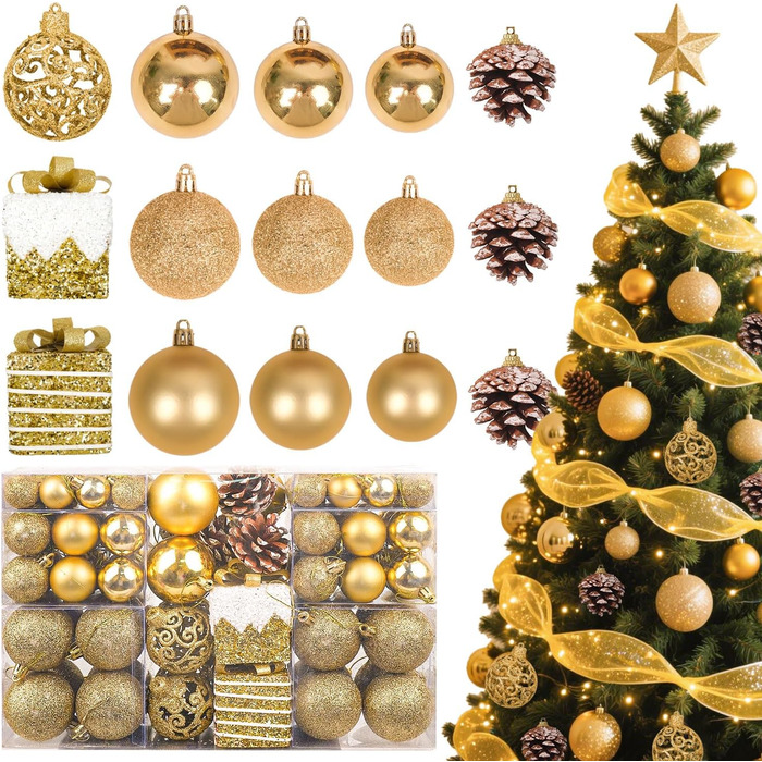 Набір прикрас для ялинки 101 шт. Кульоні з пластику, рожеве золото, матові, блискучі, з шишками та стрічками для декору ялинки, святкування, дому (золотий)