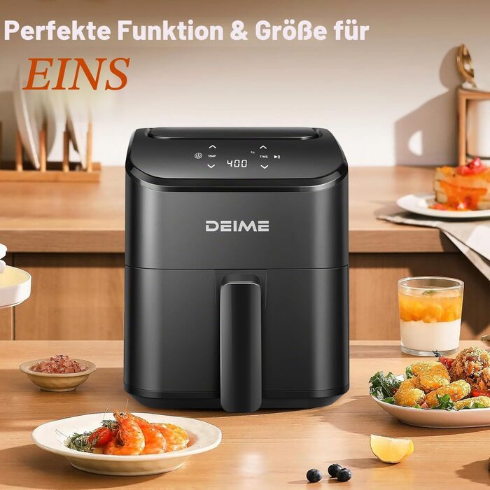 Аерофритюрниця DEIME 2.5 л: компактна, цифрова, для смаження, запікання та підігріву їжі. Антипригарна, чорна