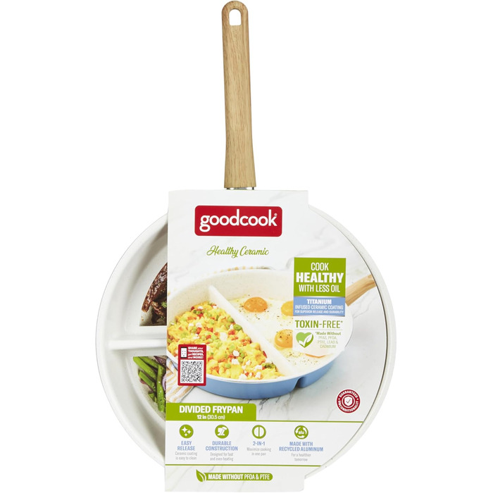 Сковорода роздільна GoodCook 30.5 см з керамічним покриттям, блакитна - посуд з нержавіючої сталі, антипригарна сковорода для яєць, м'яса, овочів, соусів