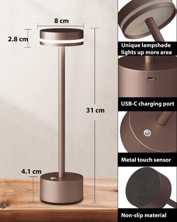 Настільна акумуляторна LED лампа бездротова 2 шт, сенсорний вимикач, алюмінієвий корпус, димування 3 рівні, 4000mAh, тепле світло 3000K, рожеве золото