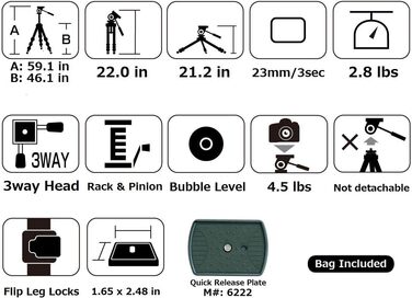 Штатив SLIK U884 4-ступеневий компактний легкий складаний з алюмінію для подорожей, DSLR/SLR, відео та фотокамер Canon, Nikon, Sony з 3-сторонньою головкою та сумкою - Чорний