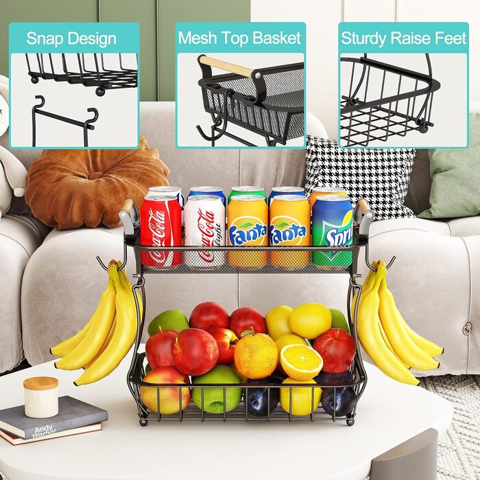 3-Tier Fruit Basket with 2 Banana Hangers for Kitchen Countertop, Vegetable Countertop, Storage Holder, Large Capacity, Metal Wire, Fruit Stand, Organizer for Onion, Snack, Black (Black-2 Tiers (with Banana Hangers))