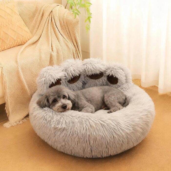 М'яке ліжко для собак та котів у вигляді лап ведмедя, 50 см. Легко миється, антиковзаюче, тепле місце для сну для маленьких та середніх собак/кішок/кроликів. Колір: сірий кавовий (діаметр 65 см, світло-сірий)