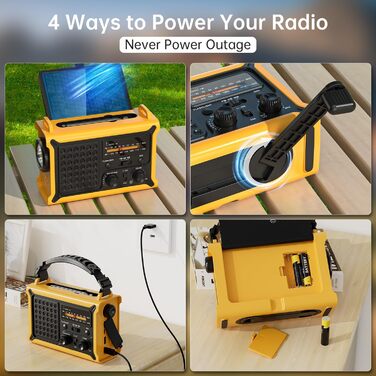 Радіо NOAA для надзвичайних ситуацій, 12000 мАг/44400 мВт-год, портативне AM/FM з сонячною/ручною/USB-підзарядкою, SOS-сигналом для дому та вулиці (жовте)