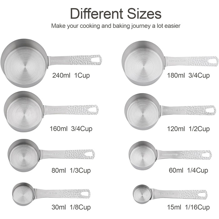 Smithcraft Measuring Cup Set, 8-Piece Dry Measuring Cup Set, 18/8 Stainless Steel Measuring Cups for Baking, Metal Kitchen Measuring Cups with 1/16, 1/8, 1/4, 2/3, and 3/4 Measuring Cups, Cooking Utensils