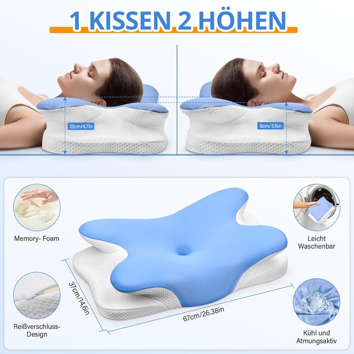 Подушка для шиї Ehomfory з Memory Foam, ергономічна для сну на боці, спині та животі, 67x37x9/12 см (Синя)