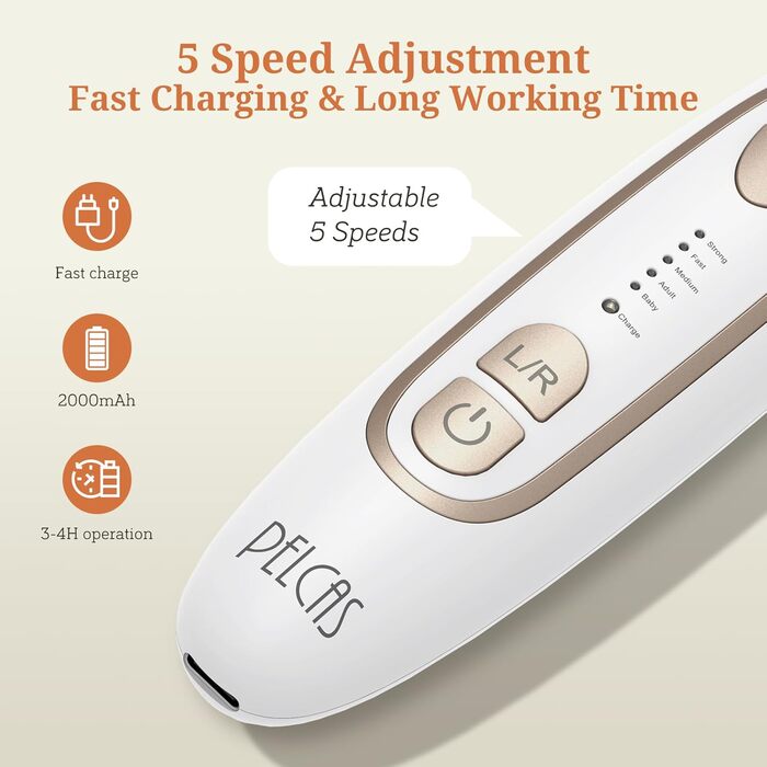 Електричний фрезер для ніг PELCAS з LCD дисплеєм: професійний набір для манікюру та педикюру, акумуляторний, для товстих нігтів та кутикули, біле золото