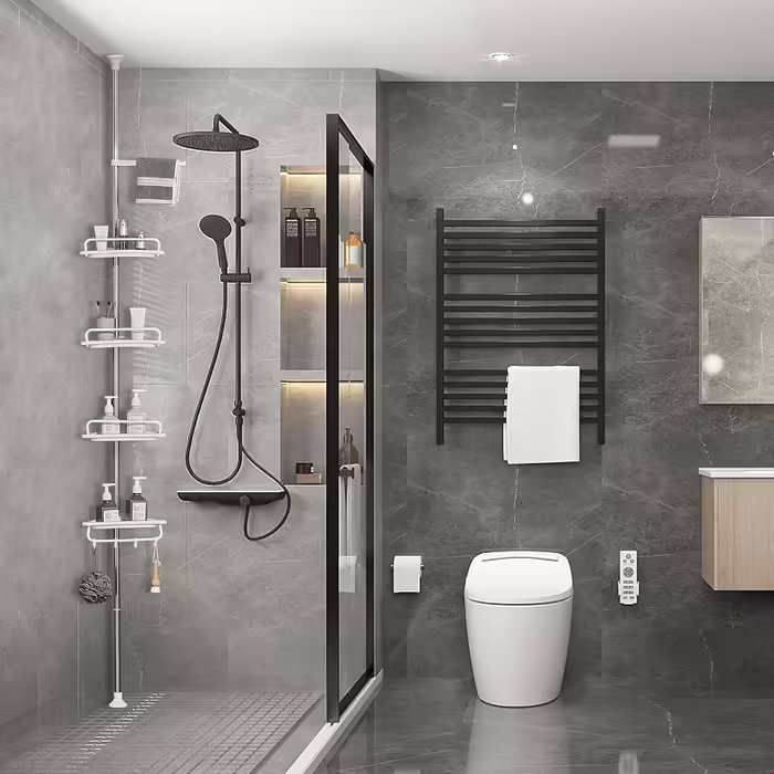 Adjustable Height Shower Shelf without Drilling, Corner Shower Rack Stainless Steel Corner Shelf Bathroom Shelf with 4 Baskets and 1 Towel Holder for Bathtub and Bathroom, Rust-Proof, 95-305CM White