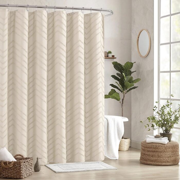 Шторка для душу, довга, у стилі фермерського дому, богемний шик, туфтована, Chevron, структурована, смугаста, мінімалістична, тканинна, мила, бежева, H243.8 x B182.9 см (1 шт.)