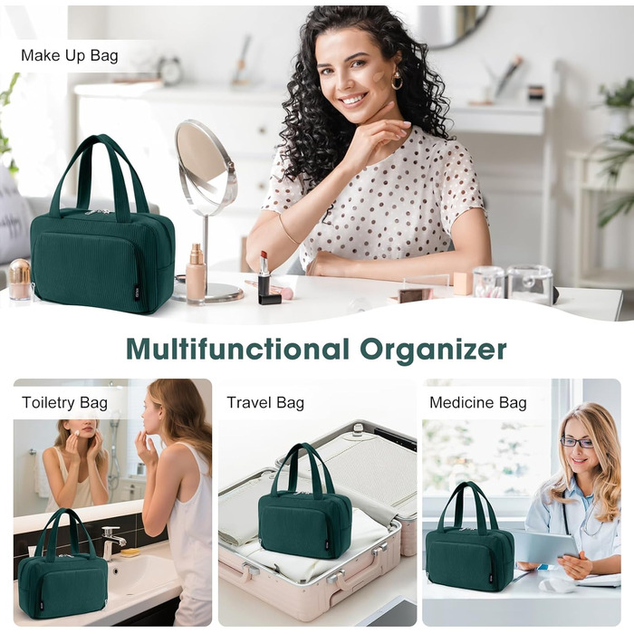 Косметичка жіноча Kalidi з відділеннями та щілинами для пензлів, велика органайзер для макіяжу, дорожня косметичка, валізка, темно-зелена