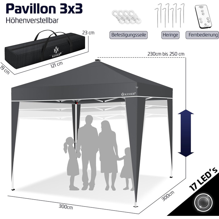 KESSER® Gazebo Folding Gazebo Lighting | Pop-Up Garden Gazebo Height Adjustable, Stable, Waterproof, Winterproof | Party Tent Event Tent UV Protection 50+ incl. Remote Control & Bag (3x3m with LED, Anthracit)