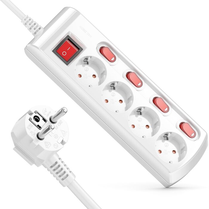 DeleyCON Подовжувач з 4 вимикачами та головним вимикачем, 1.4м, білий