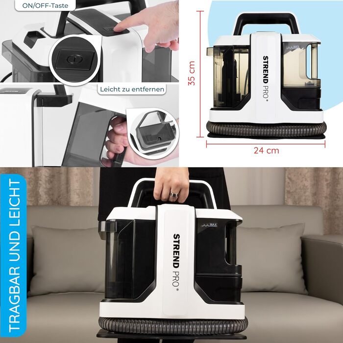 STREND PRO - мийний пилосос для м'яких меблів та килимів, 450W | Для видалення плям та вологого прибирання | 2 насадки | Мийний пилосос для диванів та килимів