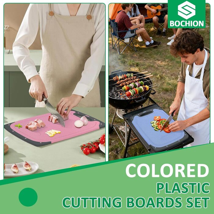 Набір з 3 дерев'яних обробних дощок з пластику, великі, кухонні, з антибактеріальним покриттям, з жолобом для соку та пресом для часнику, червоного, жовтого, зеленого кольорів