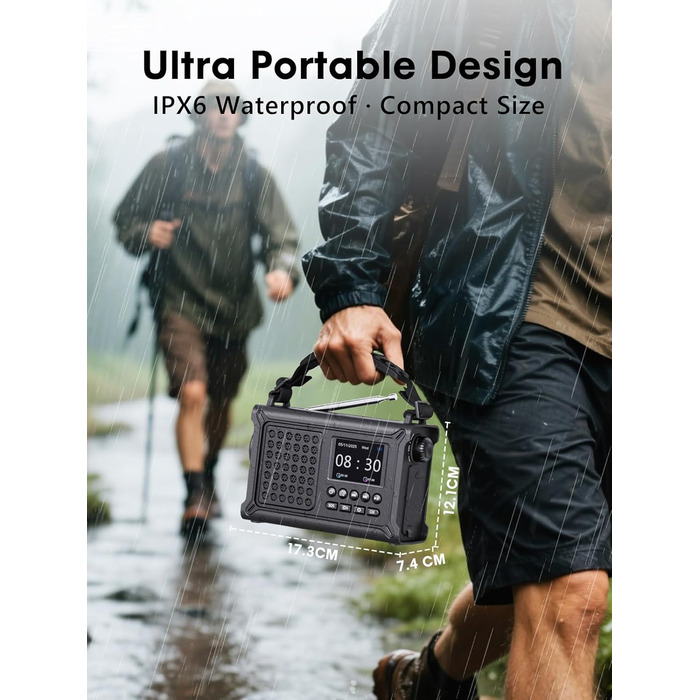 ROCAM Радіоприймач на ручку DAB+/UKW, портативне аварійне радіо з сонячною панеллю 8500 мм² та ручкою 650 мА, цифрове радіо з Bluetooth, 2.4' кольоровий дисплей, 80 станцій, SOS, LED ліхтарик, USB, IPX6 для кемпінгу, чорний
