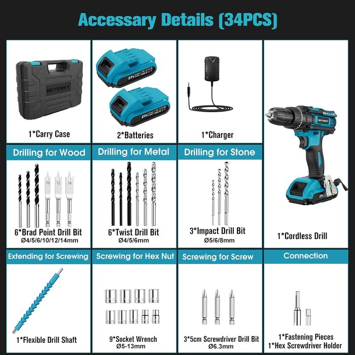 Акумуляторний шуруповерт BETENST 21V з 2 акумуляторами 2.0Ah, 42Nm, 25+3 ступені крутного моменту, 2 швидкості, LED-ліхтар, 30-ти елементний набір для дому та саду, DIY проєкти, блакитний