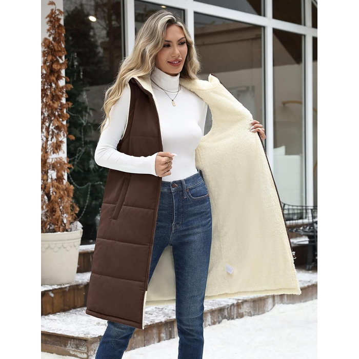 Жіноча степкова жилетка Vancavoo з капюшоном на осінь/зиму. Тепла жилетка з флісу, кава, розмір M