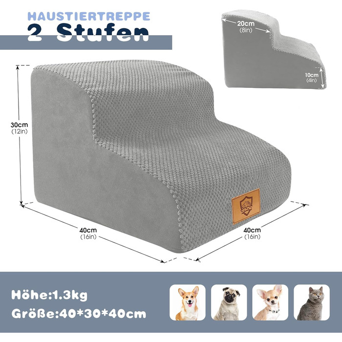 Сходинки для собак, 2 ступені: портативна, водонепроникна, з миючим покриттям. Підходить для маленьких собак та котів. Сірий колір.