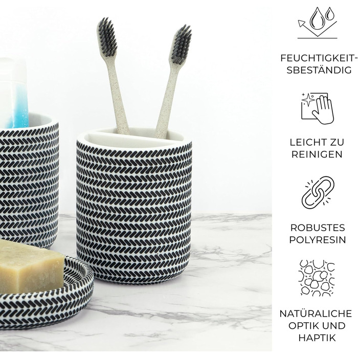 ZCCZ Bathroom Set – 4-Piece Organizer Set with Toothbrush Holder, Soap Dispenser, Cosmetic Bowl, and Cotton Swab Holder – Elegant Stone-Look Decoration, for Modern Bathrooms (Black/White)