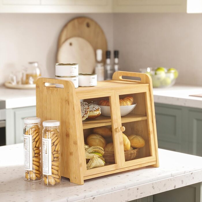 AMBIRD Бак для хліба з бамбука 20л - велика місткість з прозорими акриловими дверцятами, подвійне зберігання з вентиляцією та бічними ручками - зберігає хліб свіжим та організовує кухонний простір, CBBNA002EUAM13