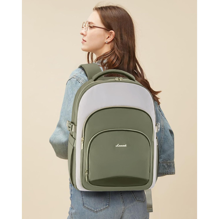 LOVEVOOK Рюкзак для жінок, 15.6 дюймів, водонепроникний, для школи/університету, робочий, у подорожі, елегантний, зелено-бежевий