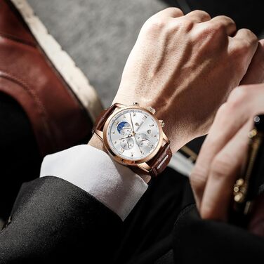 Годинник чоловічий LIGE Retro з шкіряним ремінцем, 3ATM водостійкий, аналоговий, з функцією свічення, фази місяця, з датою, коричнево-білий, хронограф