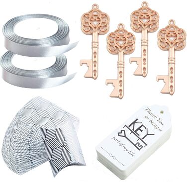 Makhry 50 Pcs Vintage Key Bottle Openers Wedding Key Skeleton Key Bottle Openers Wedding Favors Set with Pillow Boxes and Label (Rose Gold)